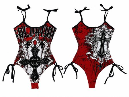 Upcycled Gothic Graphic Lace-Up Bodysuits  in mixed sizes and colours, Grade A/B.