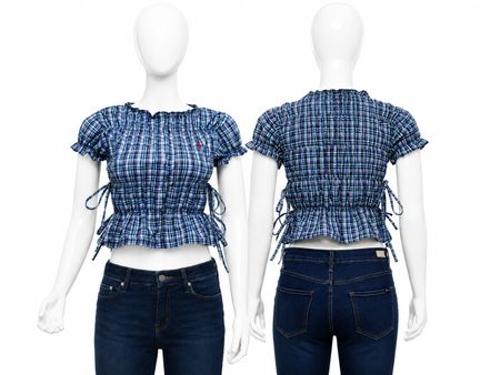  Upcycled Check Smocked Puff Sleeve Blouses  in mixed sizes and colours, Grade A/B.