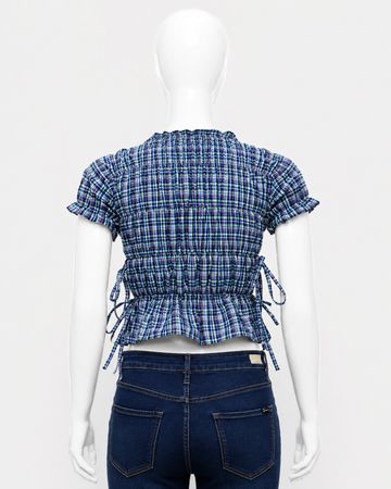  Upcycled Check Smocked Puff Sleeve Blouses  in mixed sizes and colours, Grade A/B.