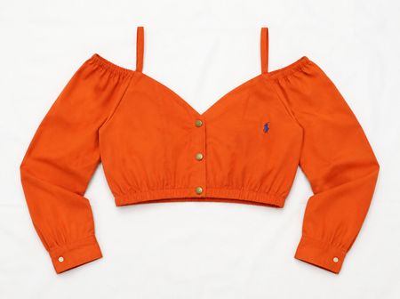 Upcycled Off-Shoulder Button-Front Cropped Blouses  in mixed sizes and colours, Grade A/B.
