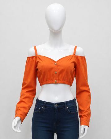 Upcycled Off-Shoulder Button-Front Cropped Blouses  in mixed sizes and colours, Grade A/B.