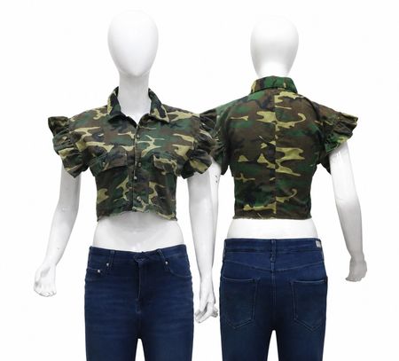 Upcycled Camouflage Ruffle Sleeve Cropped Blouses  in mixed sizes and colours, Grade A/B.