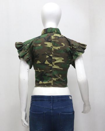 Upcycled Camouflage Ruffle Sleeve Cropped Blouses  in mixed sizes and colours, Grade A/B.