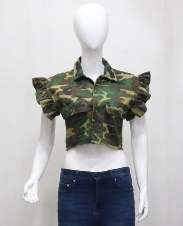 Upcycled Camouflage Ruffle Sleeve Cropped Blouses  in mixed sizes and colours, Grade A/B.