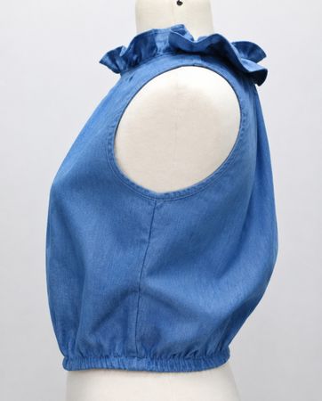 Upcycled Denim Ruffle Neck Halter Tops in mixed sizes and colours, Grade A/B.