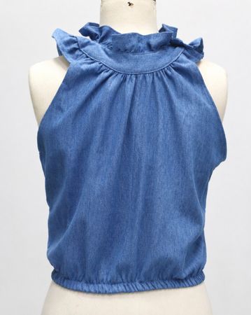 Upcycled Denim Ruffle Neck Halter Tops in mixed sizes and colours, Grade A/B.