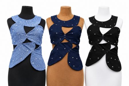 Upcycled Rhinestone Cutout Denim Tops in mixed sizes and colours, Grade A/B.