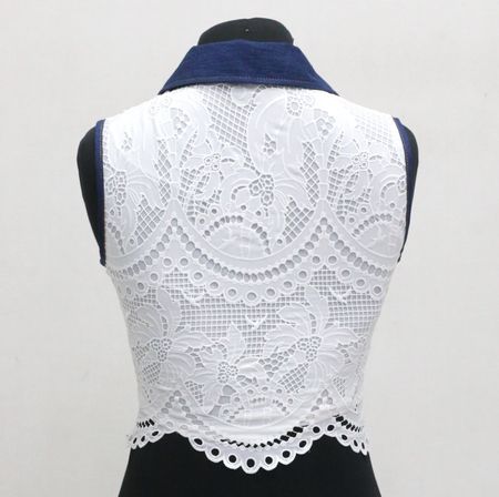 Upcycled Denim Collar Lace Crop Tops in mixed sizes and colours. Grade A/B.