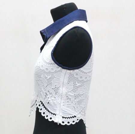 Upcycled Denim Collar Lace Crop Tops in mixed sizes and colours. Grade A/B.