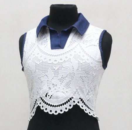 Upcycled Denim Collar Lace Crop Tops in mixed sizes and colours. Grade A/B.