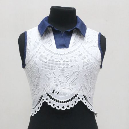 Upcycled Denim Collar Lace Crop Tops in mixed sizes and colours. Grade A/B.