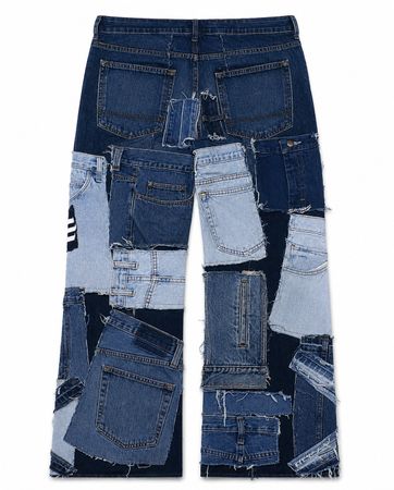 Upcycled Adidas Denim Patchwork Wide-Leg Jeans in mixed sizes and colours. Grade A/B.