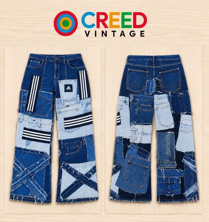 Upcycled Adidas Denim Patchwork Wide-Leg Jeans in mixed sizes and colours. Grade A/B.