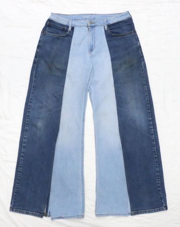 Upcycled Two-Tone Panel Wide-Leg Denim Jeans in mixed sizes and colours. Grade A/B.