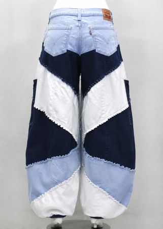 Upcycled Patchwork Balloon Denim Trousers in mixed sizes and colours, Grade A/B.