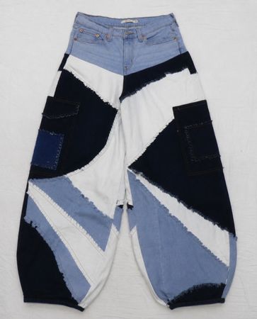 Upcycled Patchwork Balloon Denim Trousers in mixed sizes and colours, Grade A/B.