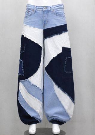 Upcycled Patchwork Balloon Denim Trousers in mixed sizes and colours, Grade A/B.