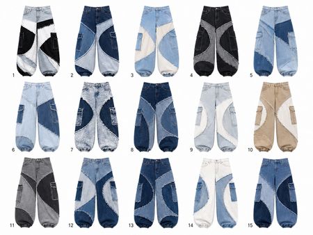 Upcycled Patchwork Balloon Denim Trousers in mixed sizes and colours, Grade A/B.