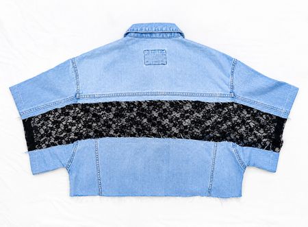 Upcycled Denim Lace Panel Cropped Tops  in mixed sizes and colours, Grade A/B.