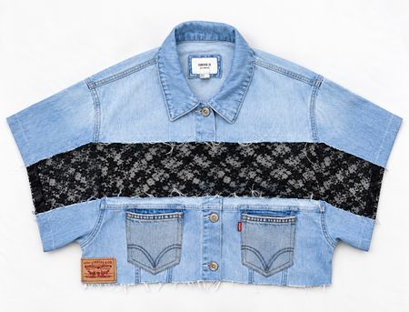 Upcycled Denim Lace Panel Cropped Tops  in mixed sizes and colours, Grade A/B.