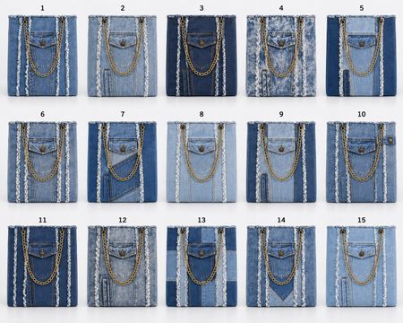 Upcycled Denim Chain-Detail Tote Bags  in mixed sizes and colours, Grade A/B.