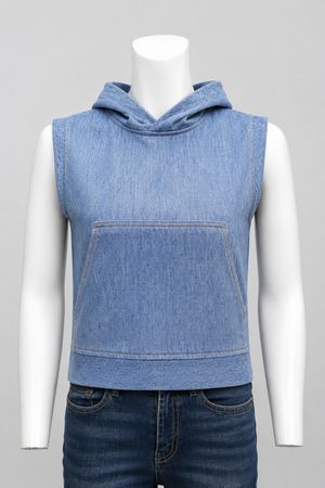 Upcycled Sleeveless Denim Hoodies in mixed sizes and colours. Grade A/B.
