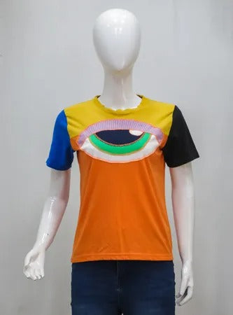 Upcycled Abstract Eye Patchwork T-Shirts in mixed sizes and colours, Grade A/B.