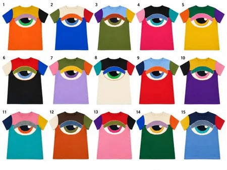 Upcycled Abstract Eye Patchwork T-Shirts in mixed sizes and colours, Grade A/B.