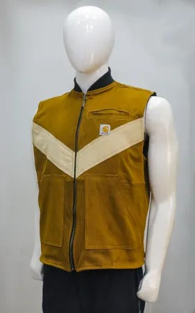 Upcycled Carhartt Chevron-Panel Utility Vests in mixed sizes and colours, Grade A/B.