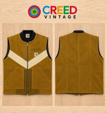 Upcycled Carhartt Chevron-Panel Utility Vests in mixed sizes and colours, Grade A/B.