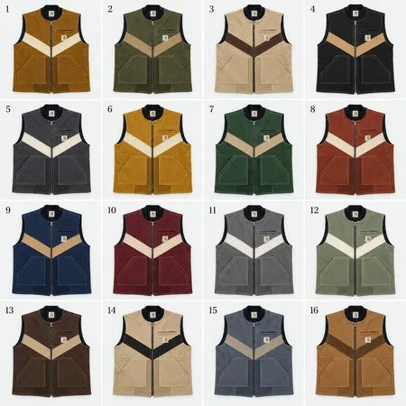 Upcycled Carhartt Chevron-Panel Utility Vests in mixed sizes and colours, Grade A/B.