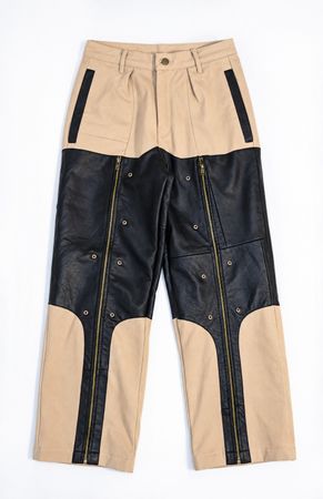 Upcycled Leather Panel Utility Cargo Trousers in mixed sizes and colours. Grade A/B.
