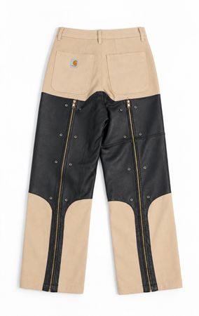 Upcycled Leather Panel Utility Cargo Trousers in mixed sizes and colours. Grade A/B.