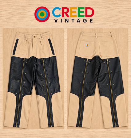 Upcycled Leather Panel Utility Cargo Trousers in mixed sizes and colours. Grade A/B.