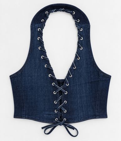 Upcycled Denim Lace-Up Corset Vests and Mini Skirts Sets in mixed sizes and colours. Grade A/B.
