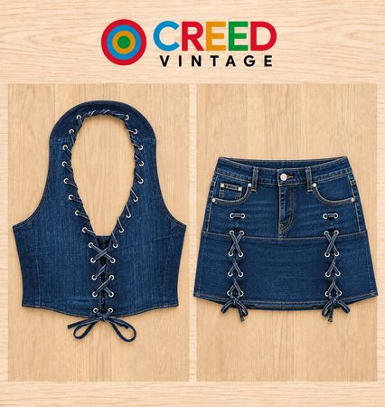 Upcycled Denim Lace-Up Corset Vests and Mini Skirts Sets in mixed sizes and colours. Grade A/B.