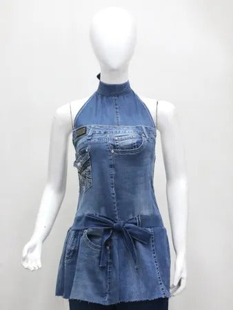 Upcycled Denim Halter Neck Mini Dresses in mixed sizes and colours. Grade A/B.