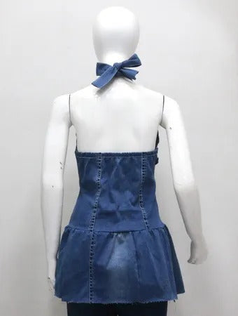Upcycled Denim Halter Neck Mini Dresses in mixed sizes and colours. Grade A/B.