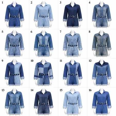 Upcycled Denim Belted Rompers  in mixed sizes and colours, Grade A/B.
