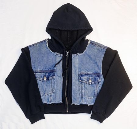 CR02286 Upcycled Denim Panel Cropped Hoodies