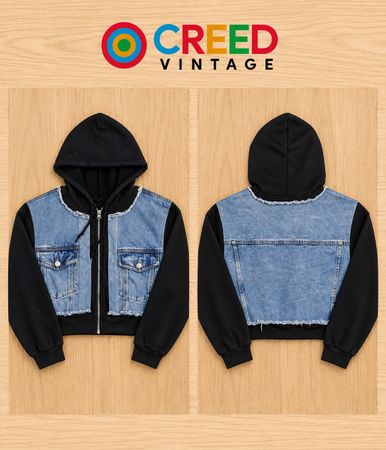 CR02286 Upcycled Denim Panel Cropped Hoodies