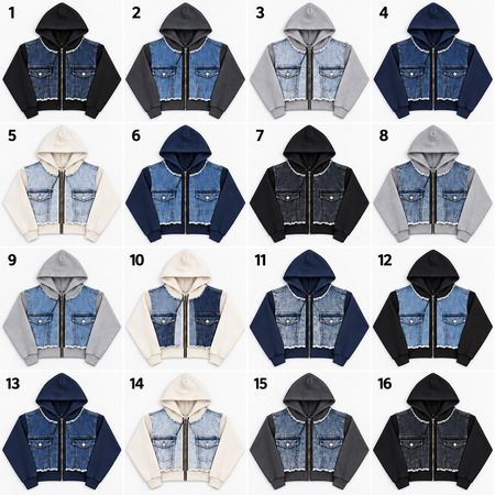 CR02286 Upcycled Denim Panel Cropped Hoodies