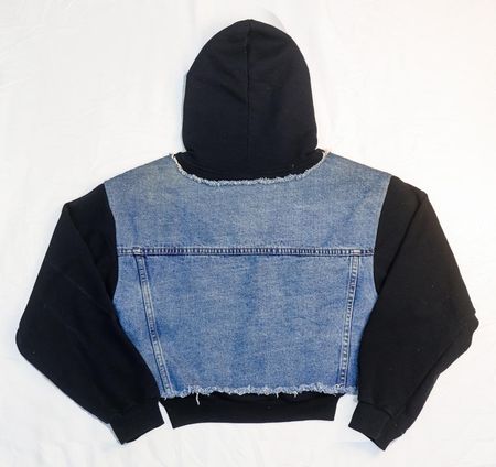 CR02286 Upcycled Denim Panel Cropped Hoodies