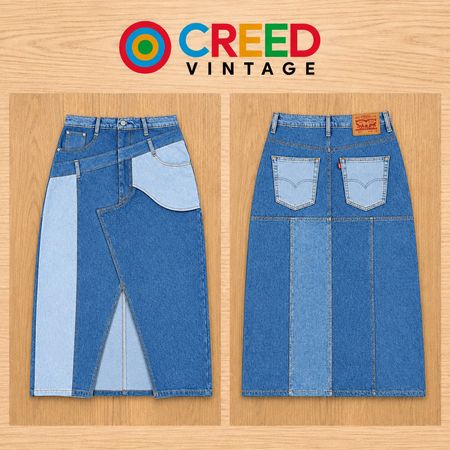 Upcycled Two-Tone Denim Patchwork Midi Skirts  in mixed sizes and colours, Grade A/B.