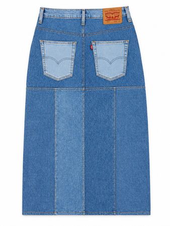 Upcycled Two-Tone Denim Patchwork Midi Skirts  in mixed sizes and colours, Grade A/B.