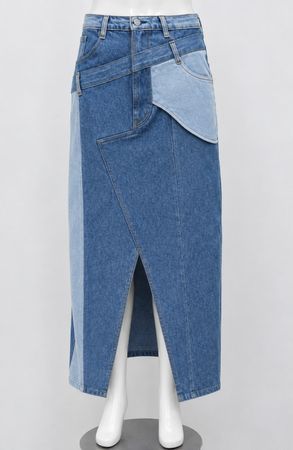 Upcycled Two-Tone Denim Patchwork Midi Skirts  in mixed sizes and colours, Grade A/B.