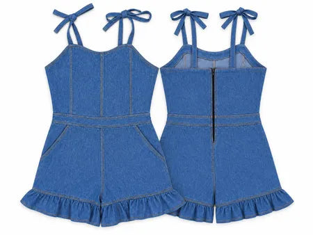 Upcycled Denim Ruffle Rompers in mixed sizes and colours, Grade A/B.