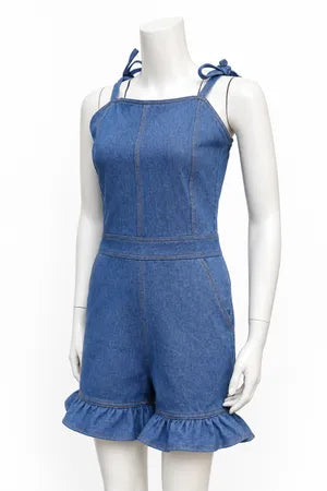 Upcycled Denim Ruffle Rompers in mixed sizes and colours, Grade A/B.