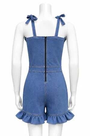 Upcycled Denim Ruffle Rompers in mixed sizes and colours, Grade A/B.