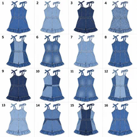 Upcycled Denim Ruffle Rompers in mixed sizes and colours, Grade A/B.